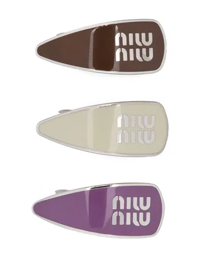 Miu Miu Multicolor Brass Hair Clips With Iconic Logo Detail In Multicolor