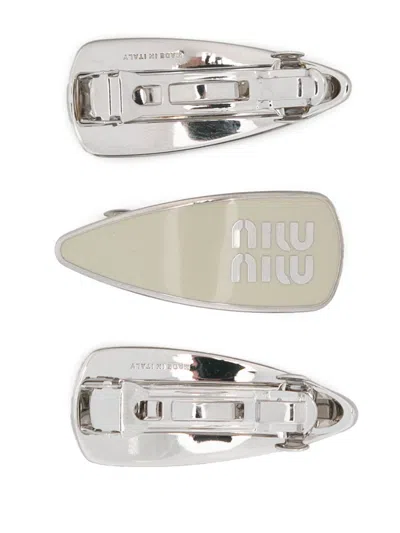 Miu Miu Multicolor Brass Hair Clips With Iconic Logo Detail In Multicolor