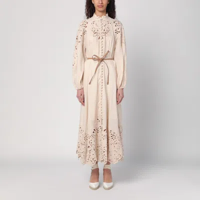Zimmermann Beige Long Dress With High Neck And All-over Embroidery In Linen Woman In Beige