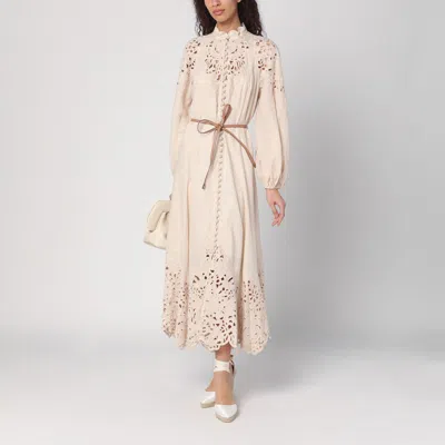 Zimmermann Beige Long Dress With High Neck And All-over Embroidery In Linen Woman In Beige