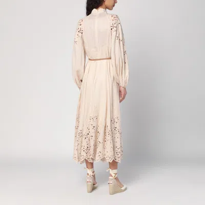 Zimmermann Beige Long Dress With High Neck And All-over Embroidery In Linen Woman In Beige