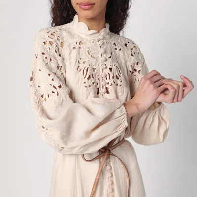 Zimmermann Beige Long Dress With High Neck And All-over Embroidery In Linen Woman In Beige