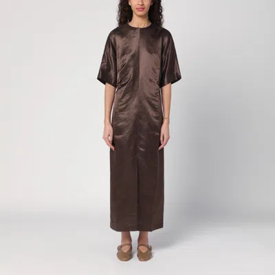 Loulou Studio Long Brown Dress In Linen And Silk In Grey
