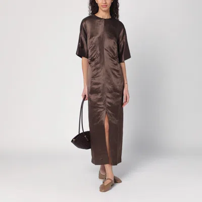Loulou Studio Long Brown Dress In Linen And Silk In Grey