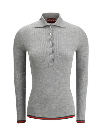 Gucci Cashmere And Silk Polo Top With Web In Grey