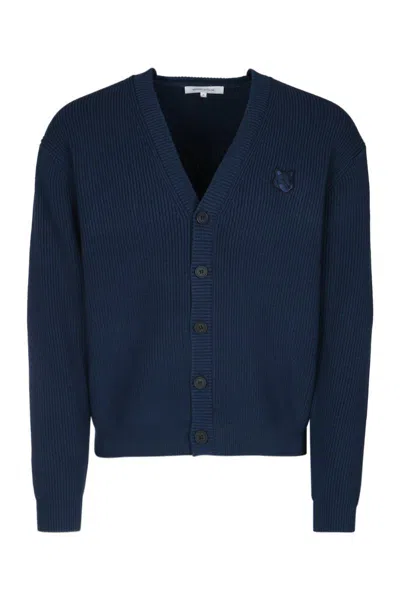 Maison Kitsuné Cotton Blend Cardigan With Iconic Frontal Patch In Blue