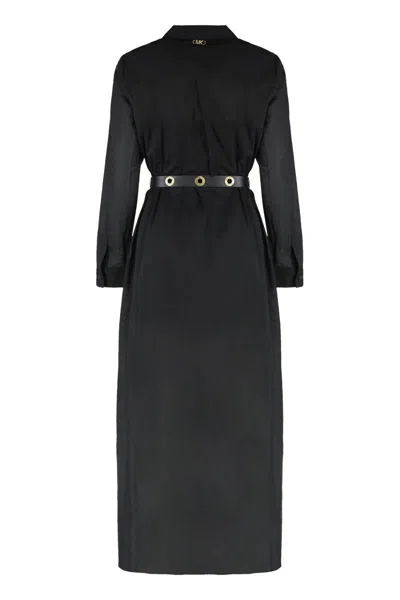 Michael Kors Black Long Dress With Classic Collar And Waist Belt In Black