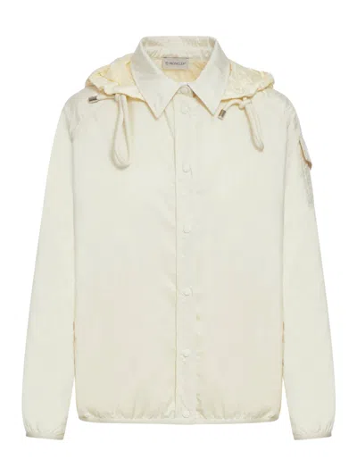 Moncler White Down Jacket With Logo Patch On The Sleeve In Tech Fabric Man In Nude & Neutrals