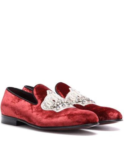 Dolce & Gabbana Embellished Velvet Slippers In Lordeaux Llack