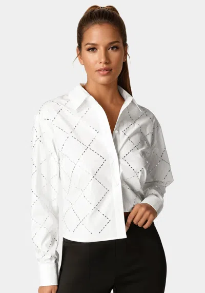 Bebe Rhinestone Long Sleeve Blouse In White Alyssum