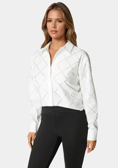 Bebe Rhinestone Long Sleeve Blouse In White Alyssum