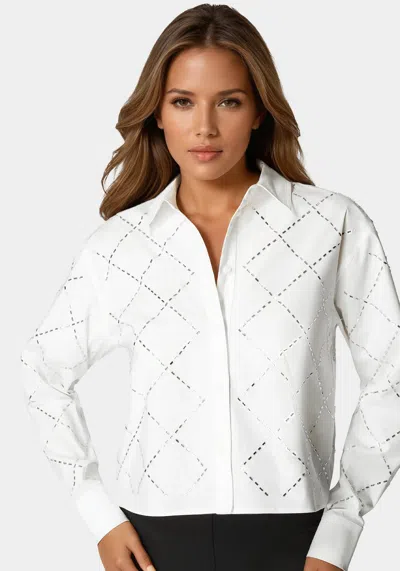 Bebe Rhinestone Long Sleeve Blouse In White Alyssum