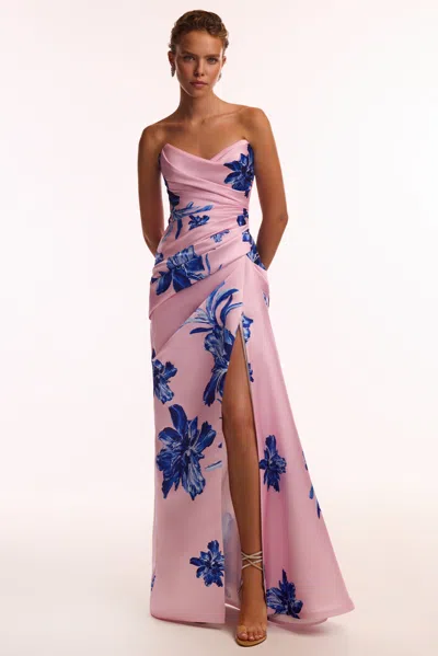 Milla Strapless Pink Maxi Dress With Blue-flowered Pattern, Glow-up In Pink-blue