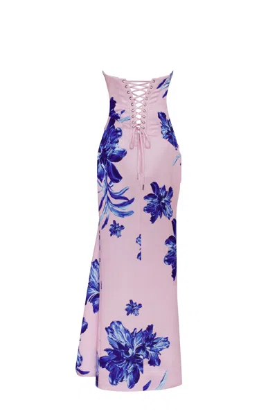 Milla Strapless Pink Maxi Dress With Blue-flowered Pattern, Glow-up In Pink-blue
