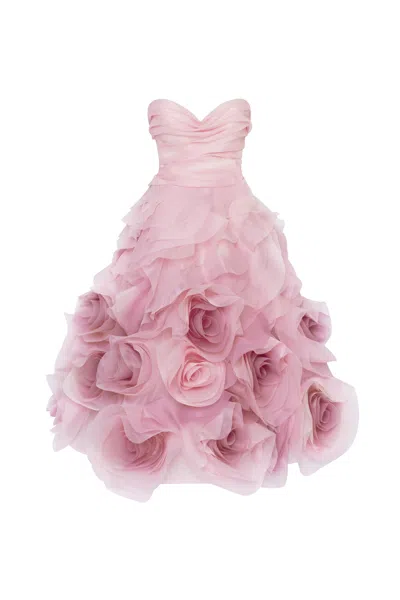 Milla Dramatic Flowered Organza Midi Dress In Misty Rose, Glow-up In Misty Rose
