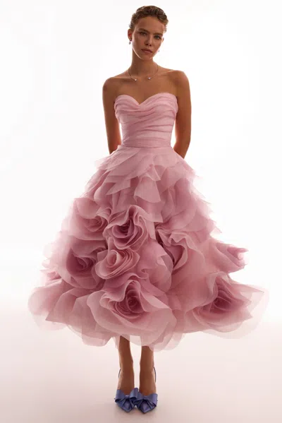 Milla Dramatic Flowered Organza Midi Dress In Misty Rose, Glow-up In Misty Rose