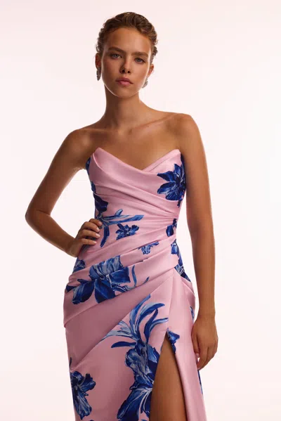 Milla Strapless Pink Maxi Dress With Blue-flowered Pattern, Glow-up In Pink-blue