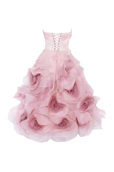 Milla Dramatic Flowered Organza Midi Dress In Misty Rose, Glow-up In Misty Rose
