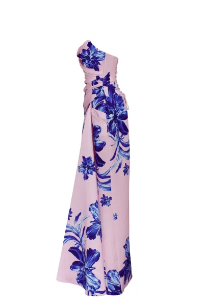 Milla Strapless Pink Maxi Dress With Blue-flowered Pattern, Glow-up In Pink-blue