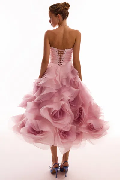 Milla Dramatic Flowered Organza Midi Dress In Misty Rose, Glow-up In Misty Rose