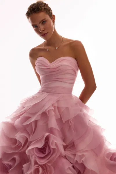 Milla Dramatic Flowered Organza Midi Dress In Misty Rose, Glow-up In Misty Rose