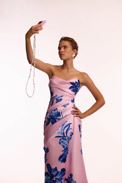 Milla Strapless Pink Maxi Dress With Blue-flowered Pattern, Glow-up In Pink-blue