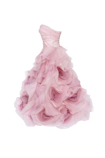 Milla Dramatic Flowered Organza Midi Dress In Misty Rose, Glow-up In Misty Rose