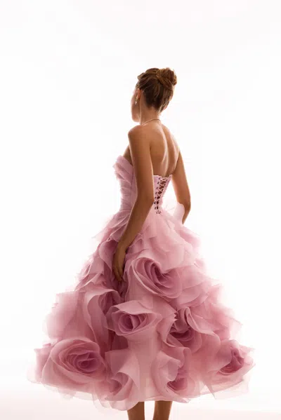 Milla Dramatic Flowered Organza Midi Dress In Misty Rose, Glow-up In Misty Rose