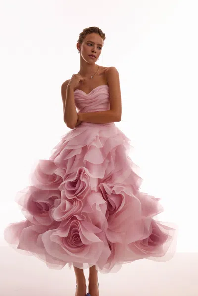 Milla Dramatic Flowered Organza Midi Dress In Misty Rose, Glow-up In Misty Rose