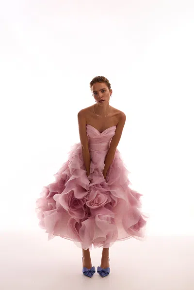 Milla Dramatic Flowered Organza Midi Dress In Misty Rose, Glow-up In Misty Rose