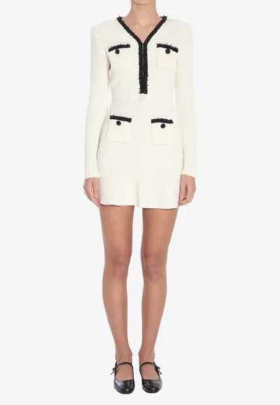 Self-portrait Textured White Dress With Beaded V-neckline In Multi