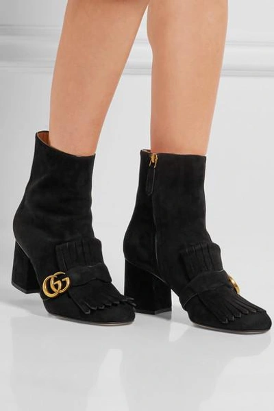 Shop Gucci Fringed Logo-embellished Suede Ankle Boots In Black