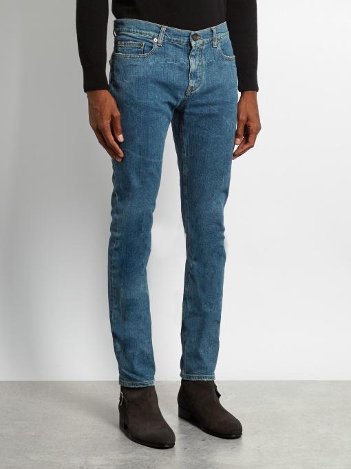 Saint Laurent Wrinkle-effect Mid-rise Skinny Jeans In Mid-blue | ModeSens