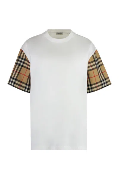 Burberry White T-shirt With Vintage Check Motif On The Sleeves In Cotton Woman In White
