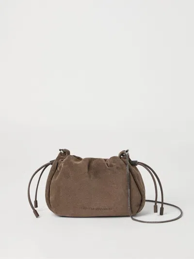 Brunello Cucinelli Soft Suede Drawstring Bag With Chain-link Strap