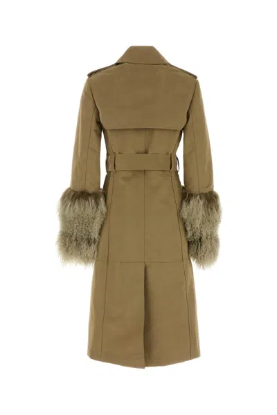 Burberry Cotton Blend Trench Coat With Fur Cuffs In Brown