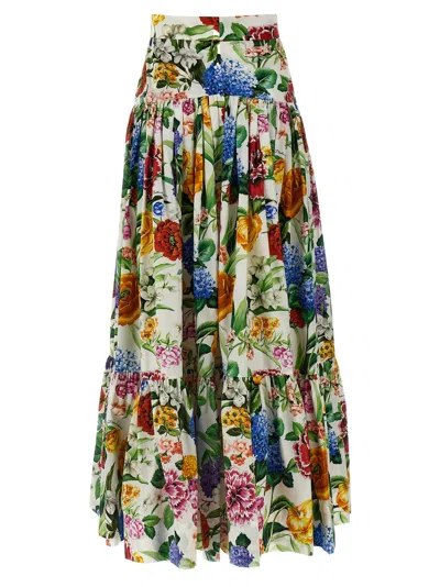 Dolce & Gabbana Multicolor Maxi Skirt With Logo Lettering Detail On The Front And All-over Floral Print In Cotton Wo