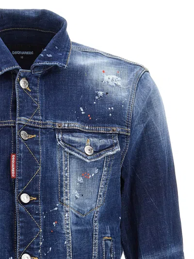 Dsquared2 Dan Blue Jacket With Classic Collar And All-over Painted Details In Denim Man In Blue