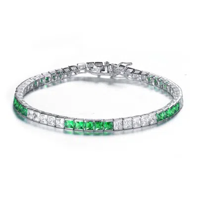 Rachel Glauber White Gold Plated With Emerald Green And White Cubic Zirconia Tennis Bracelet In Green