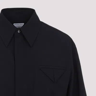 Bottega Veneta Wool Shirt With Buttoned Cuffs And Chest Pocket In Blue
