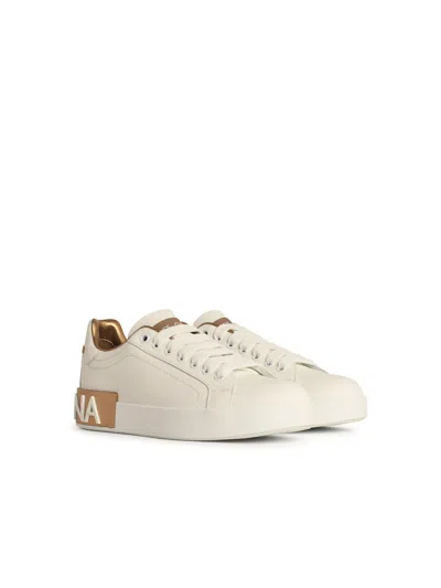Dolce & Gabbana Portofino White And Gold Low Top Sneakers With Logo In Leather Woman In White