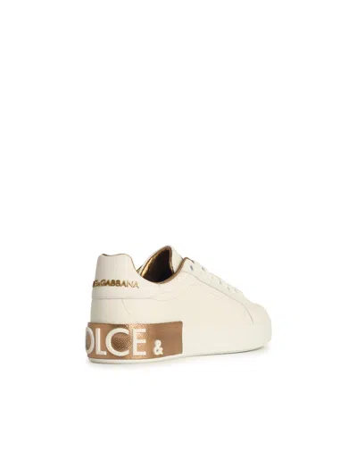 Dolce & Gabbana Portofino White And Gold Low Top Sneakers With Logo In Leather Woman In White