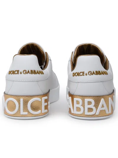 Dolce & Gabbana Portofino White And Gold Low Top Sneakers With Logo In Leather Woman In White