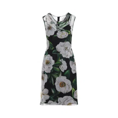 Dolce & Gabbana Women Gardenia Print Silk Chiffon Sheath Dress In Black