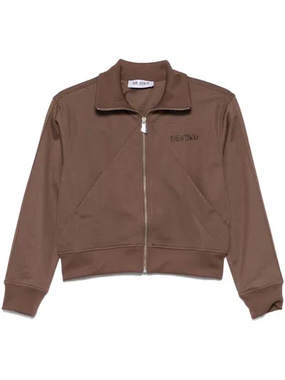 Attico Cropped Brown Sweatshirt With Embossed Logo In Brown