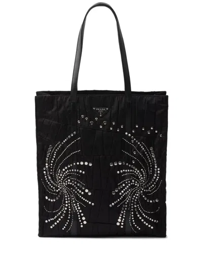 Prada Patch Embroidered Quilted Tote Bag In Black