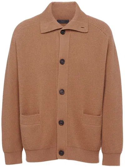 Prada Cashmere Ribbed Texture Cardigan With Patch Pockets In Brown