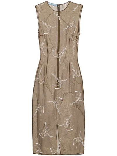 Prada Embroidered Sheer Silk Midi Dress In Multicolor