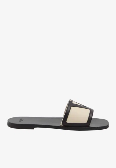 Valentino Butter White And Black Synthetic Slides With Wide Strap In Black