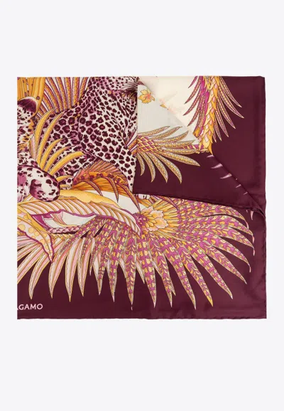 Ferragamo Leopard Print Silk Scarf In Bordeaux